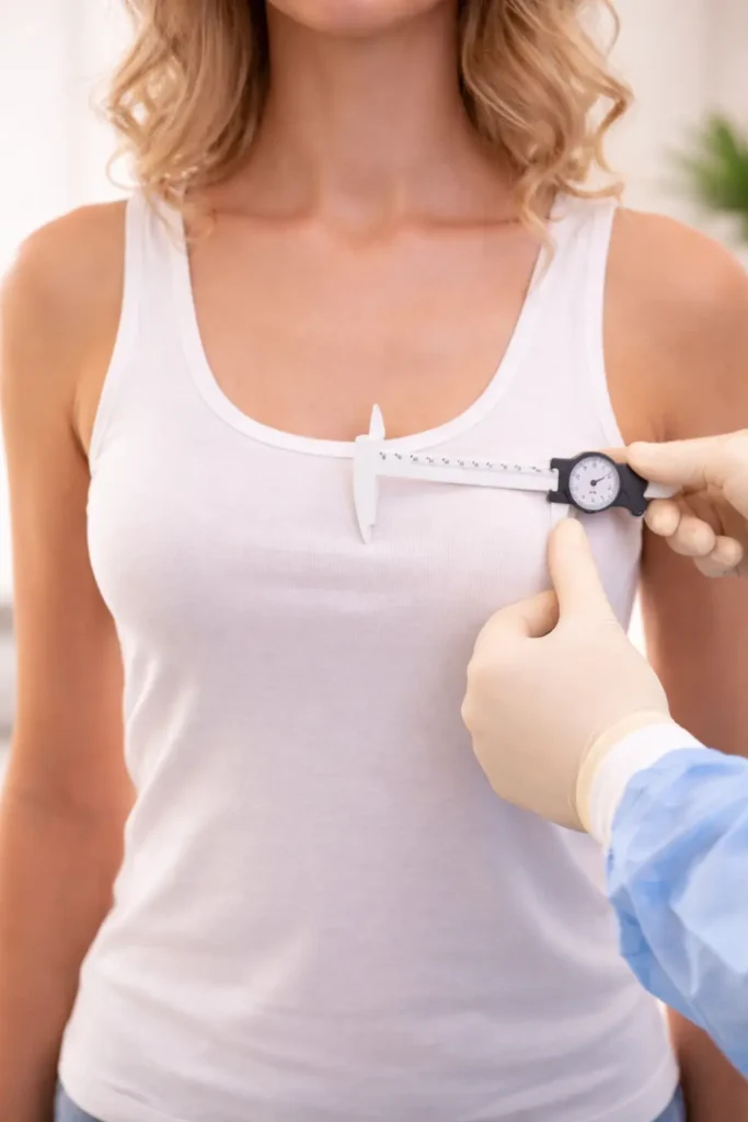 Medical consultation showing breast measurement assessment for breast asymmetry correction surgery in Dubai