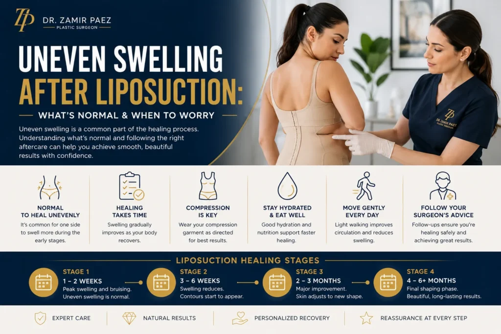 Patient consultation for uneven swelling after liposuction recovery in Dubai
