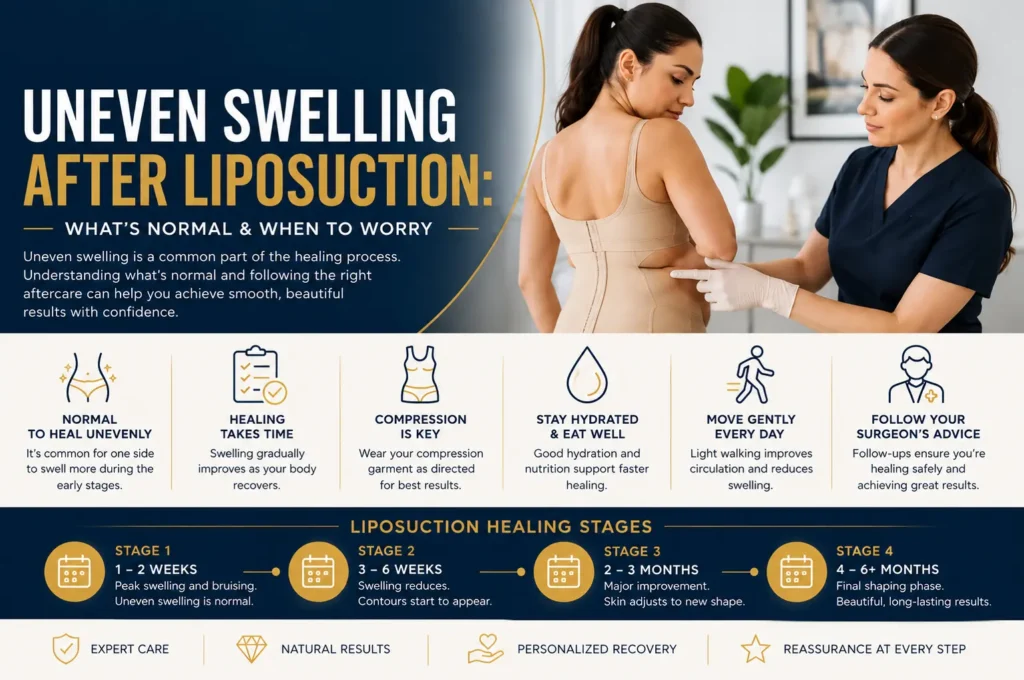 Patient consultation for uneven swelling after liposuction recovery in Dubai