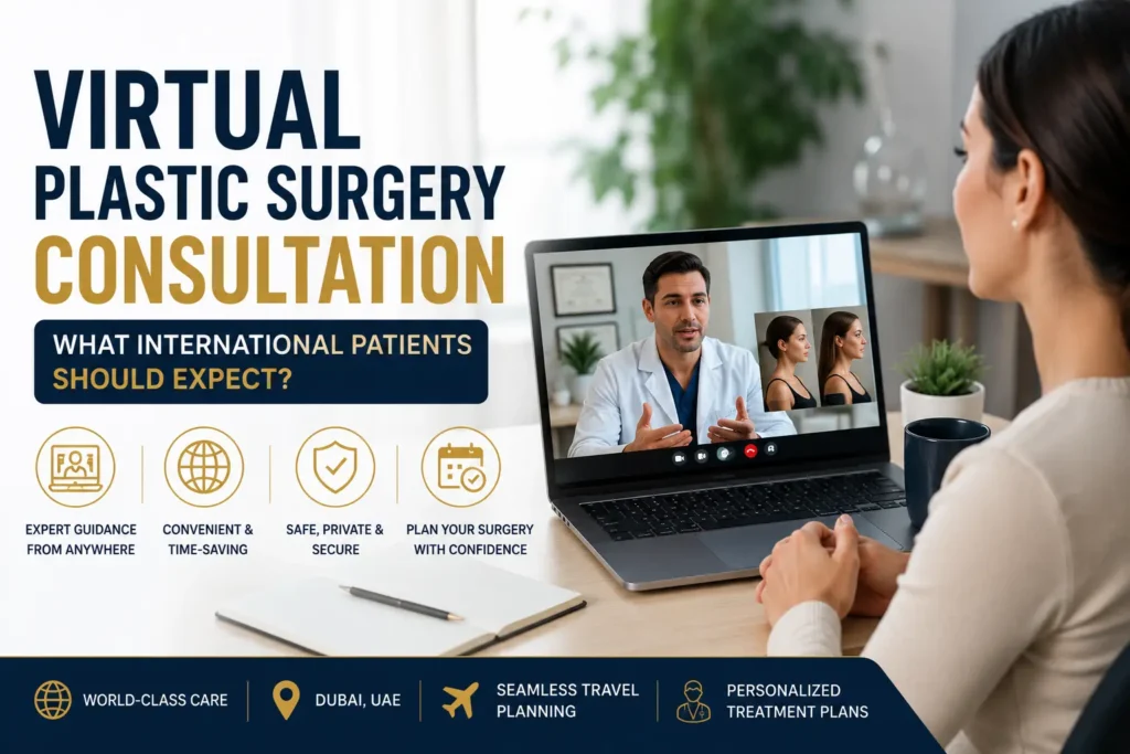 Plastic surgeon conducting a virtual consultation with an international patient before cosmetic surgery in Dubai
