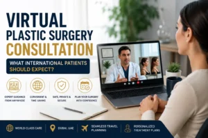 Plastic surgeon conducting a virtual consultation with an international patient before cosmetic surgery in Dubai