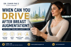 Woman consulting a plastic surgeon about breast augmentation recovery and driving after surgery in Dubai